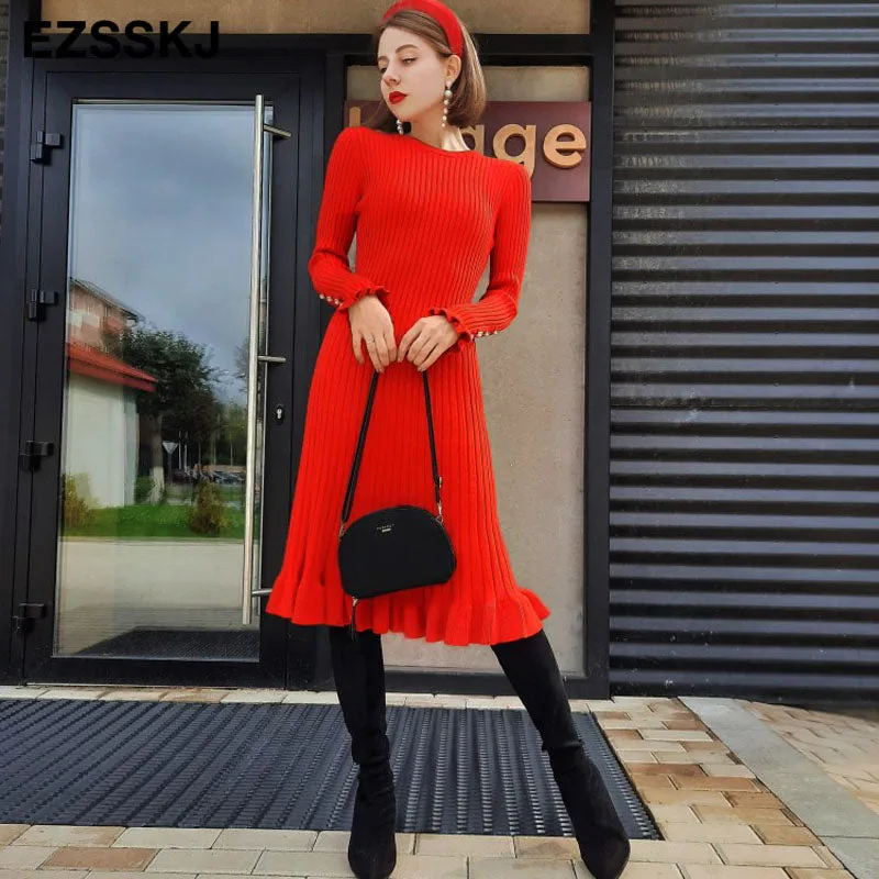 2021 Autumn Winter Thick Mermaid Sweater Dress Elegant Knit Trumpet Dress Women Slim Midi Dress Fema