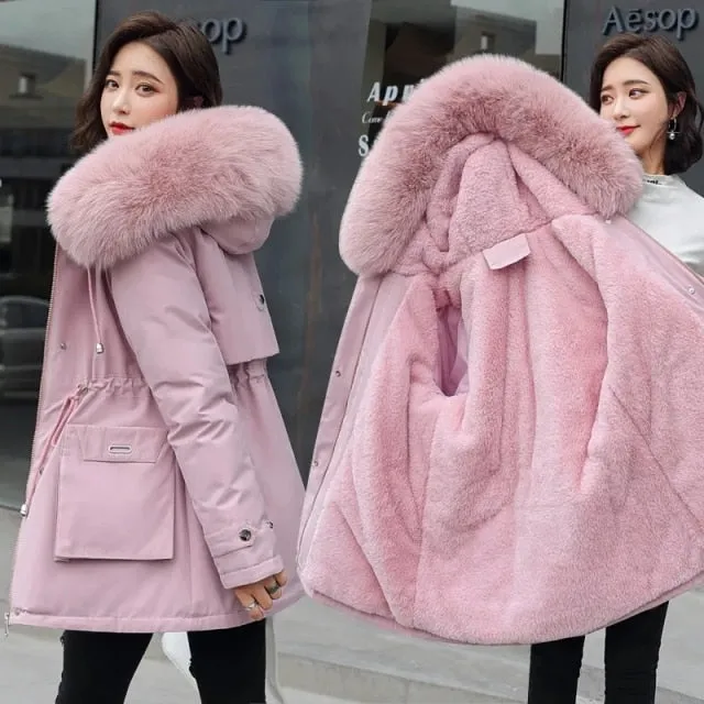 2021 New Winter Jacket Warm Fur Collar Thick Overcoat Fashion Long Hooded Parkas Women's Jacket Clothing Female Snow Wear Coat