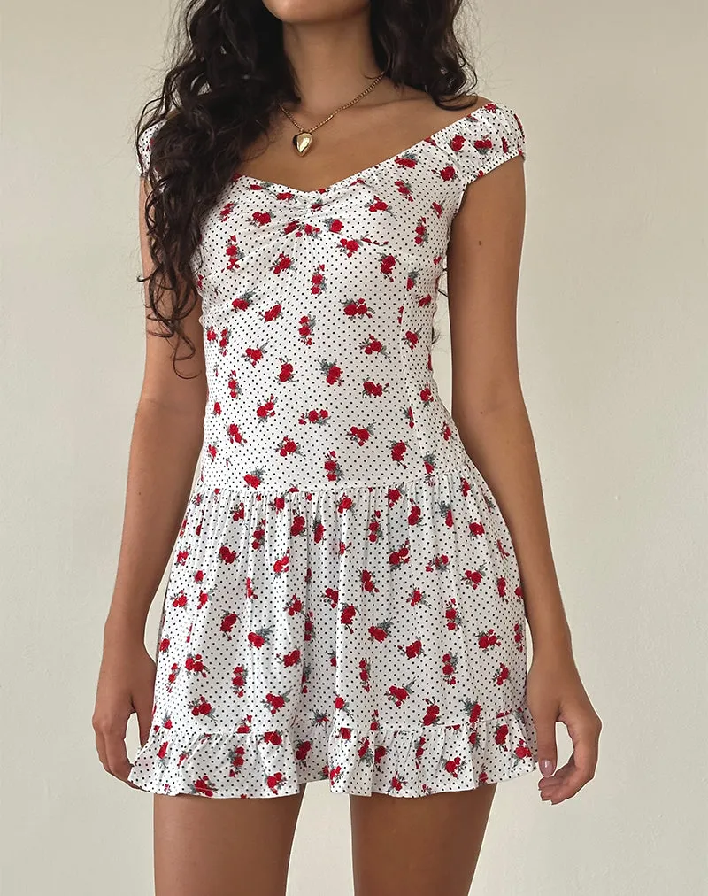 Aca Bardot Mini Dress in White Rose Polka