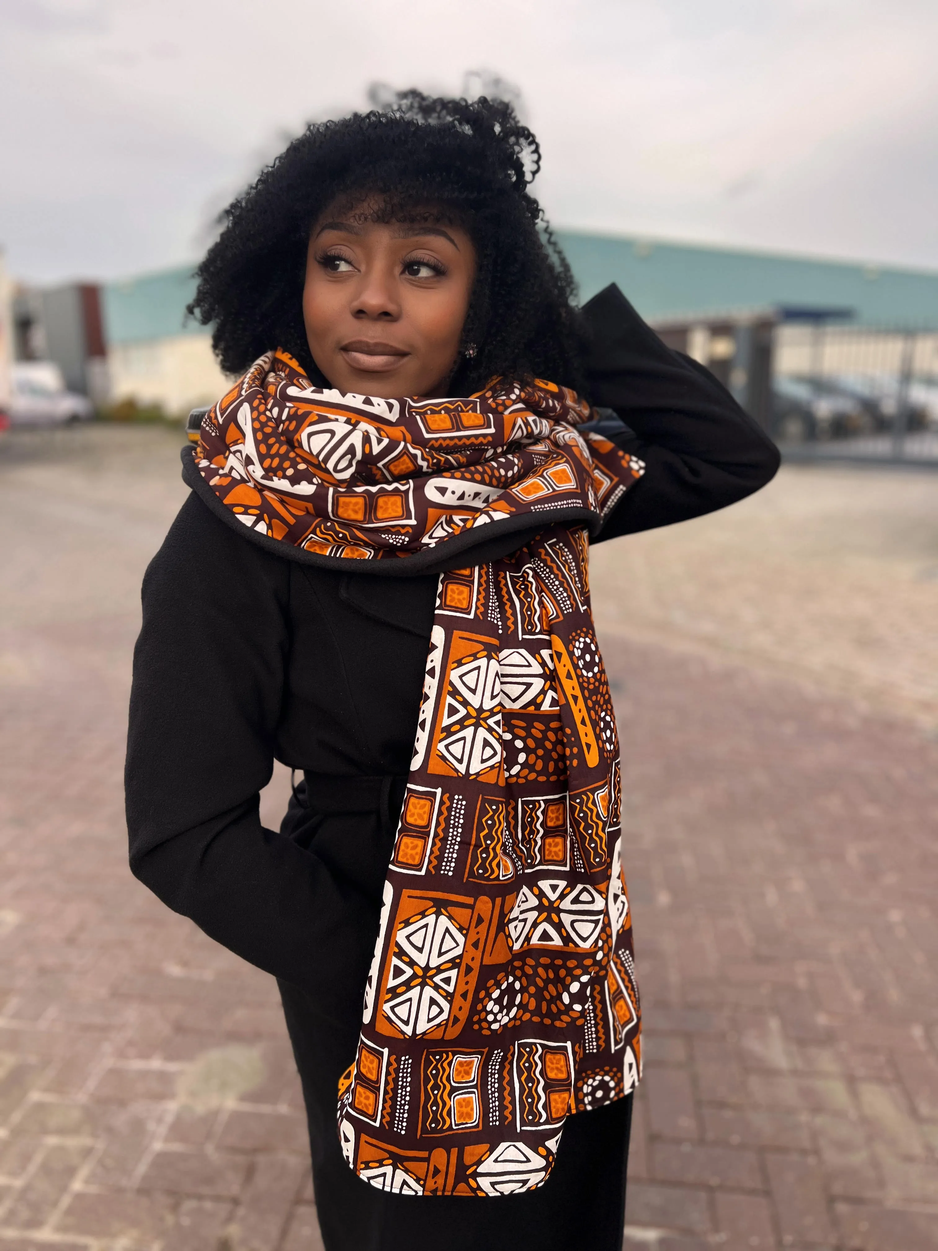 African print Winter scarf for Adults Unisex - Brown Patterns Bogolan