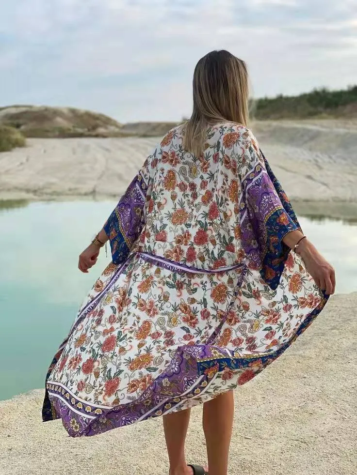 Beachwear Floral Print Purple Color Cotton Long Length Gown Kimono Duster Robe