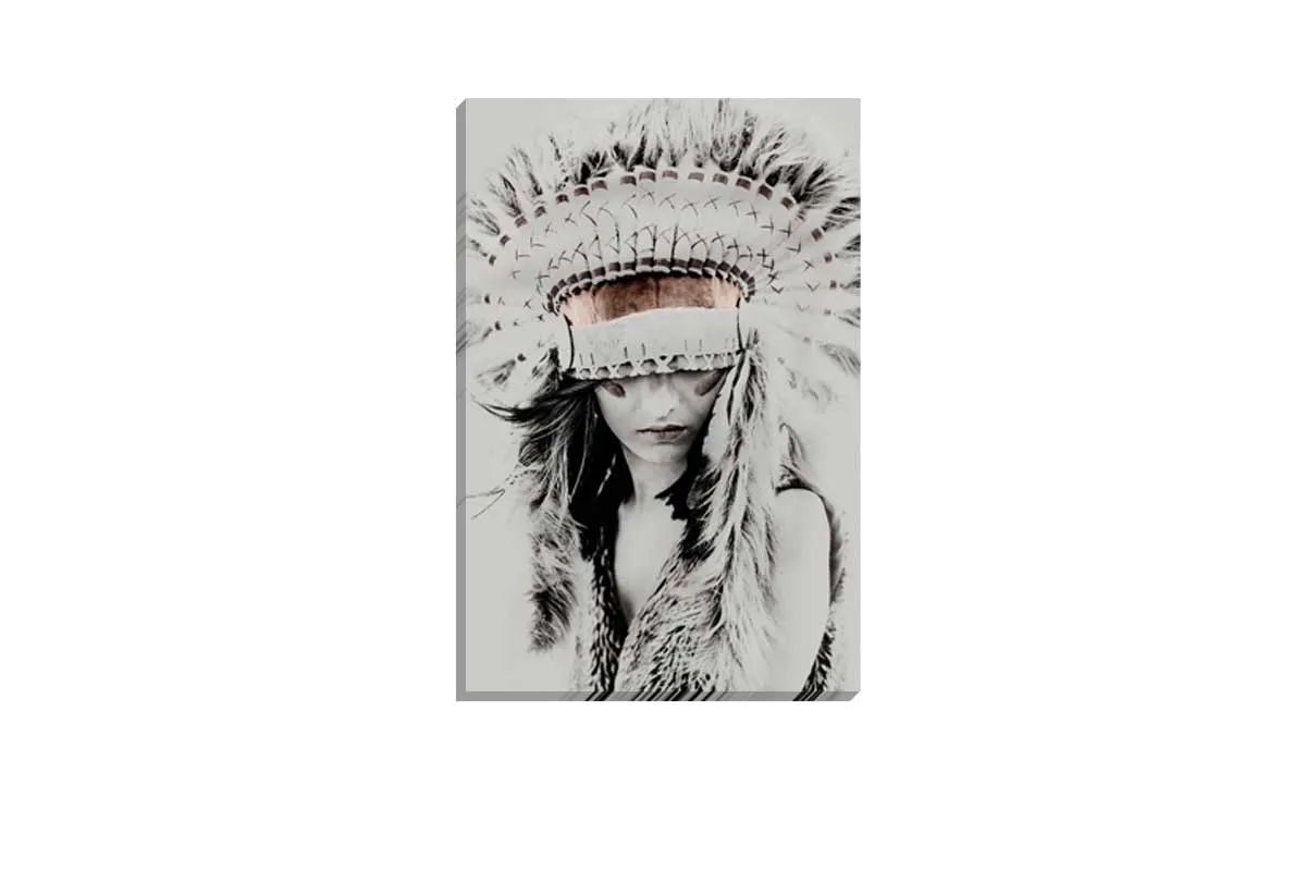 Beautiful Woman in Feather Headdress | Canvas Wall Art Print