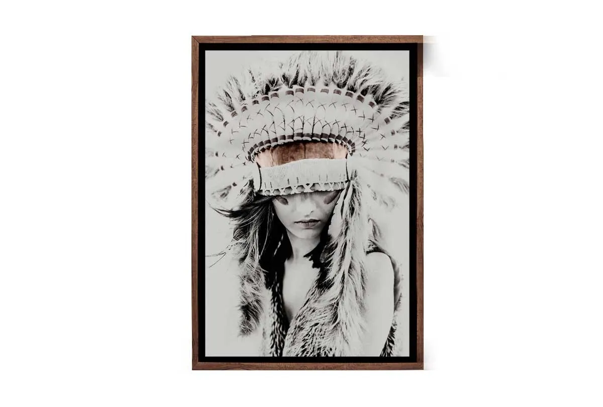 Beautiful Woman in Feather Headdress | Canvas Wall Art Print