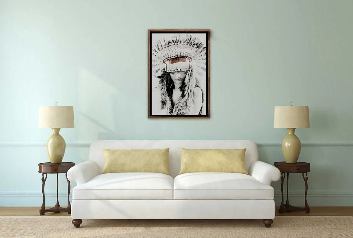 Beautiful Woman in Feather Headdress | Canvas Wall Art Print