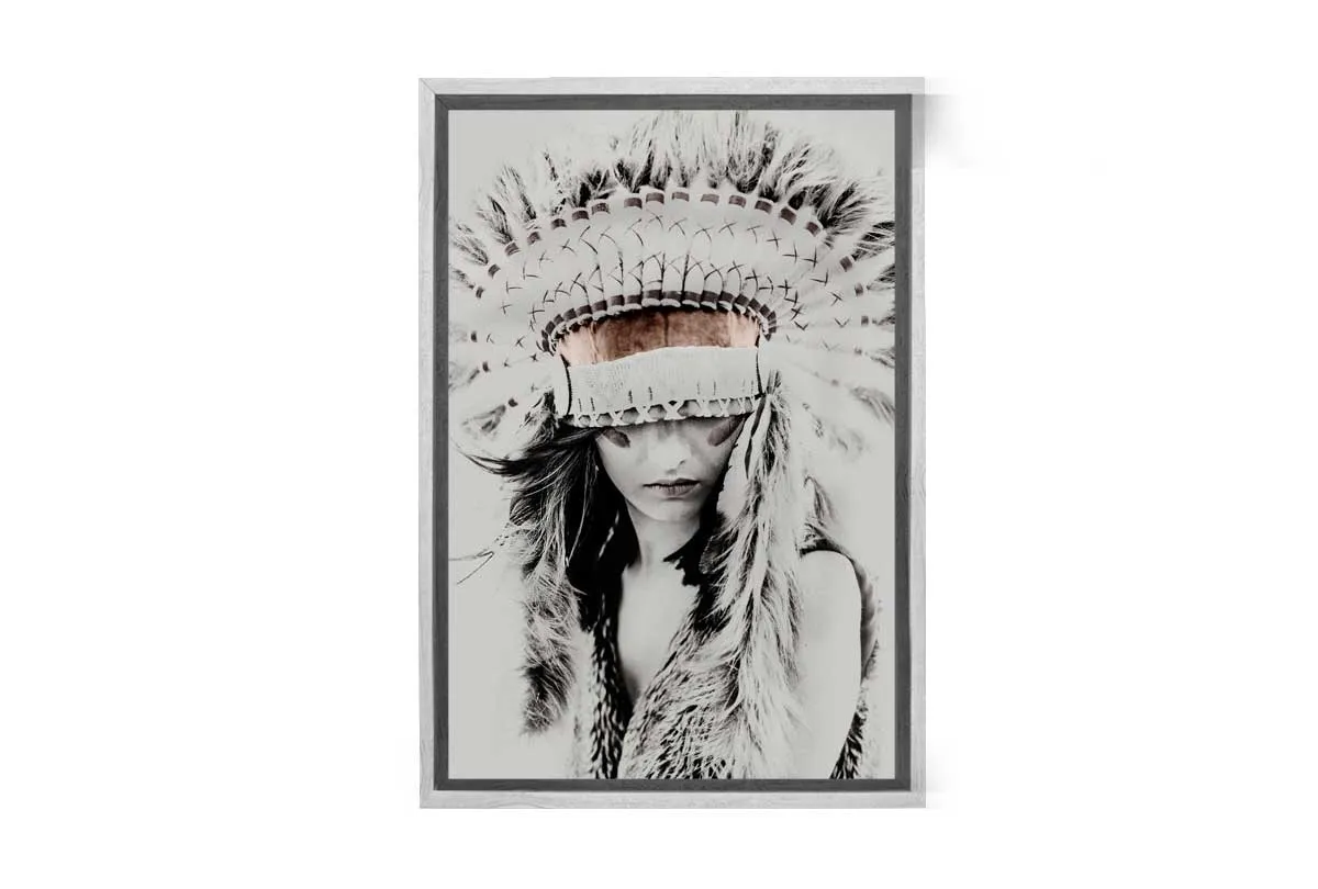 Beautiful Woman in Feather Headdress | Canvas Wall Art Print