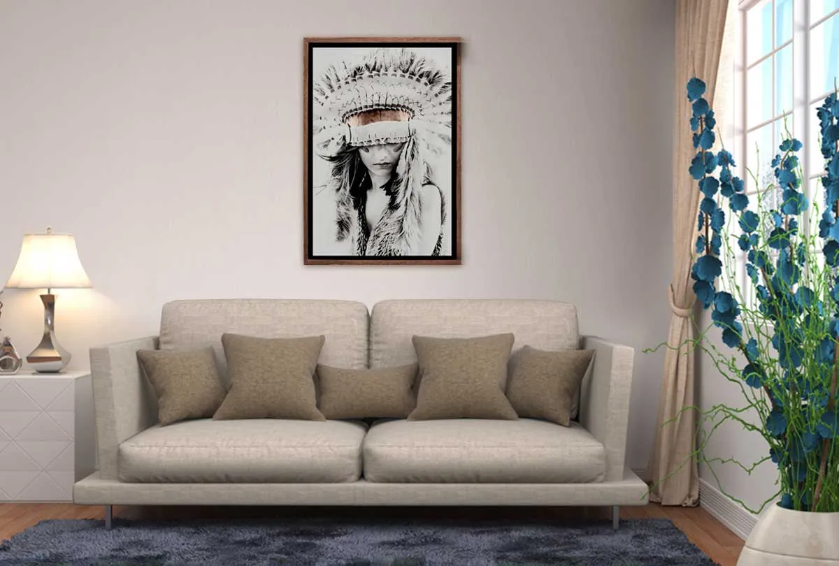 Beautiful Woman in Feather Headdress | Canvas Wall Art Print