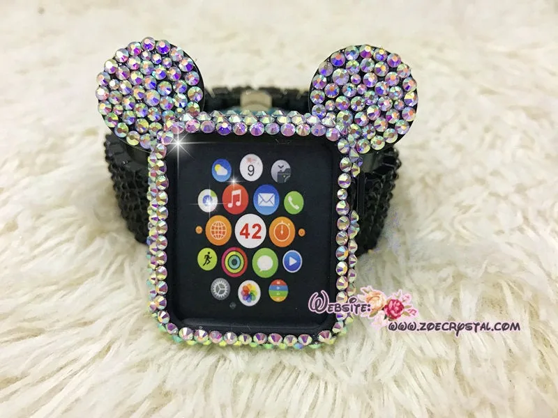 BEDAZZLED Apple Watch ab White Swarovski Case/ Protector / Cover with a Black Rhinestone iWatch Band / Strap