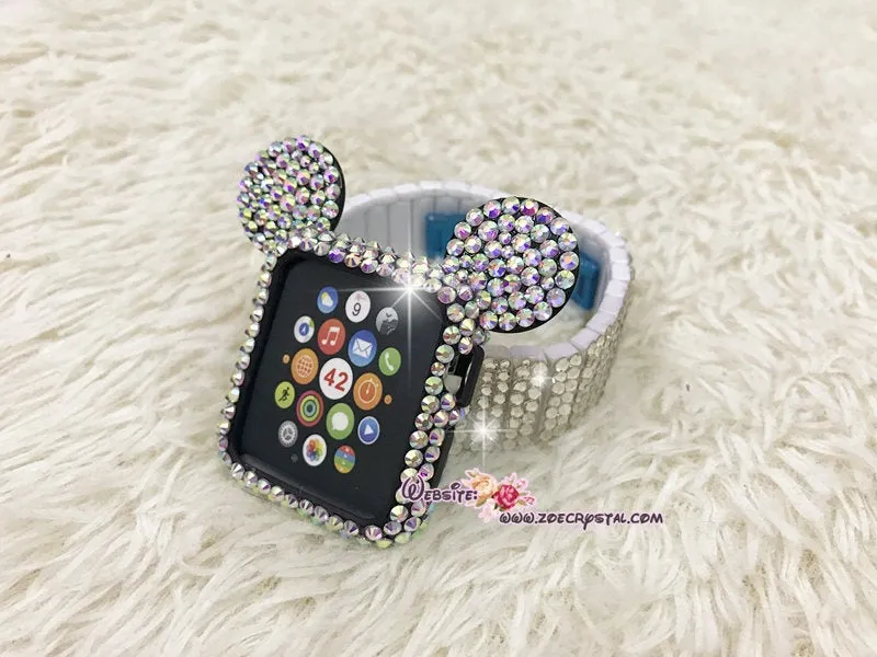 BEDAZZLED Apple Watch ab White Swarovski Case/ Protector / Cover with a Black Rhinestone iWatch Band / Strap