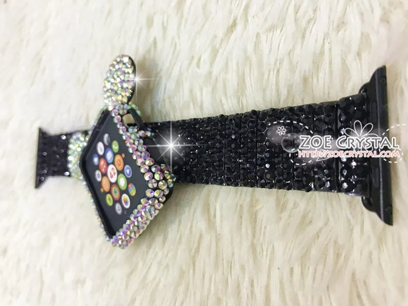 BEDAZZLED Apple Watch ab White Swarovski Case/ Protector / Cover with a Black Rhinestone iWatch Band / Strap