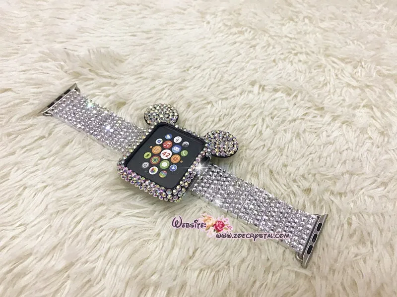 BEDAZZLED Apple Watch ab White Swarovski Case/ Protector / Cover with a Black Rhinestone iWatch Band / Strap