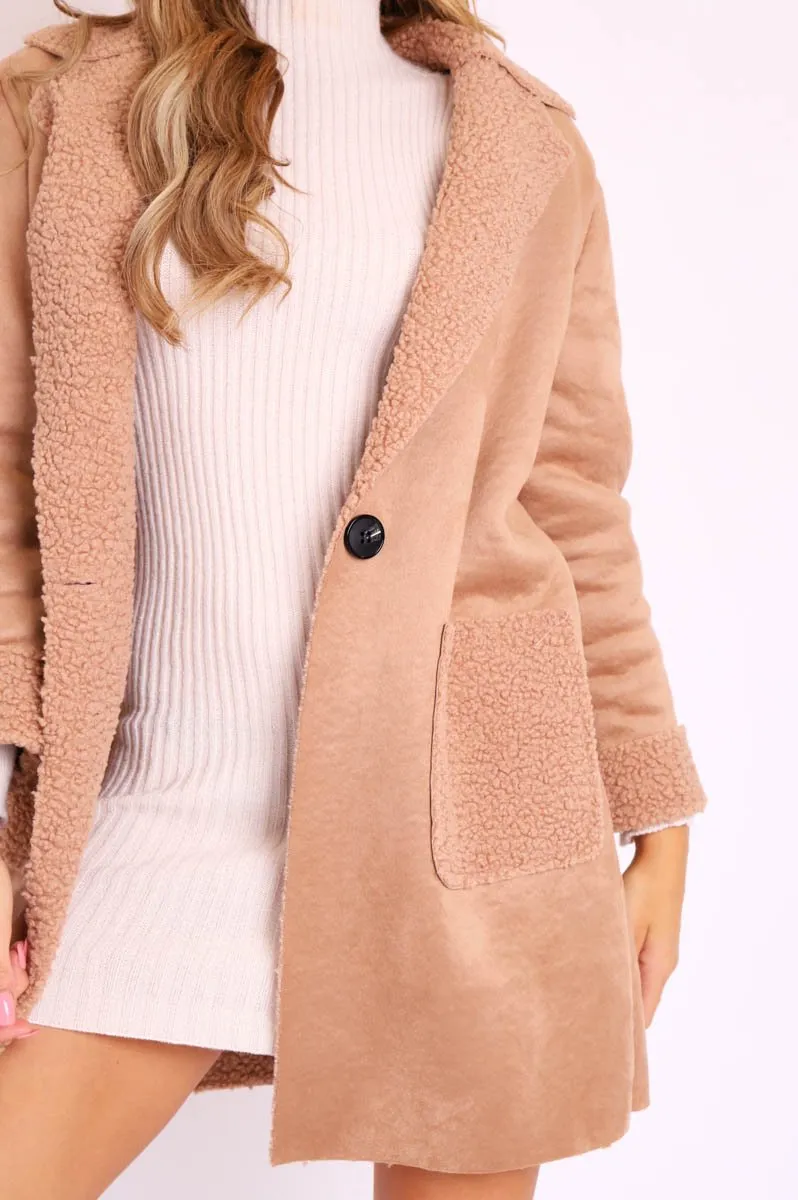 Beige Faux Suede Shearling Coat - Izabella