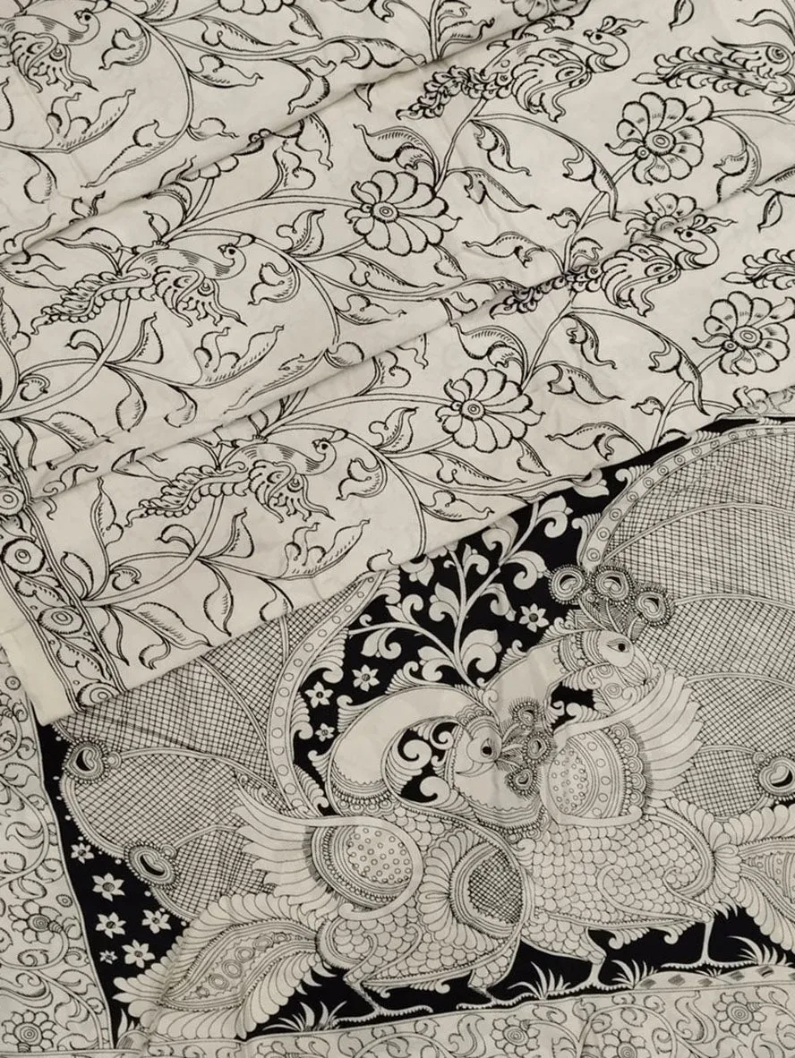 Black And White Hand Painted Kalamkari Chennur Silk Saree