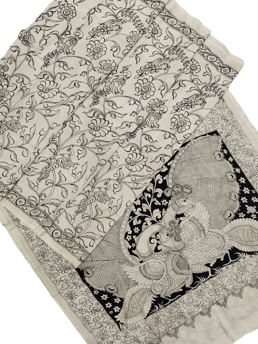 Black And White Hand Painted Kalamkari Chennur Silk Saree