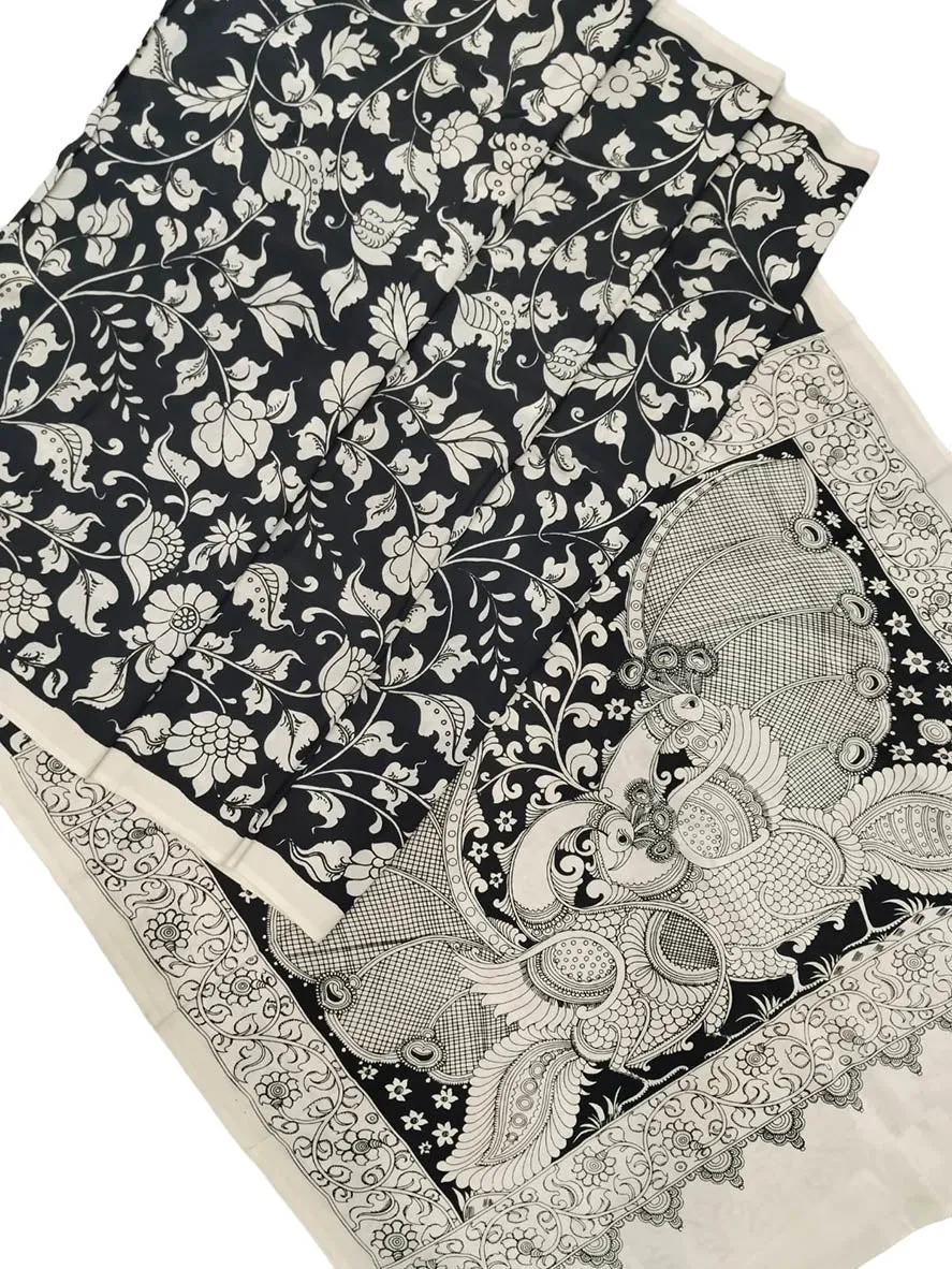 Black And White Hand Painted Kalamkari Chennur Silk Saree