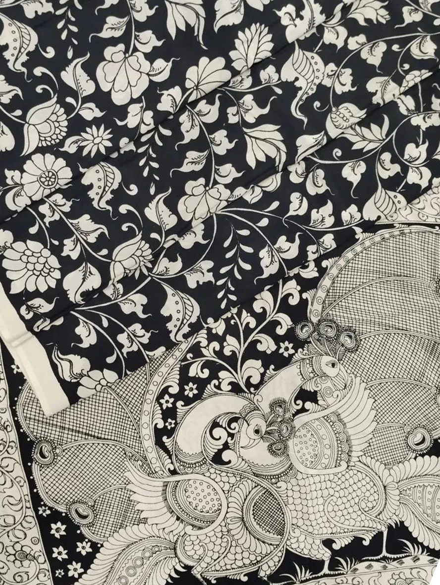 Black And White Hand Painted Kalamkari Chennur Silk Saree