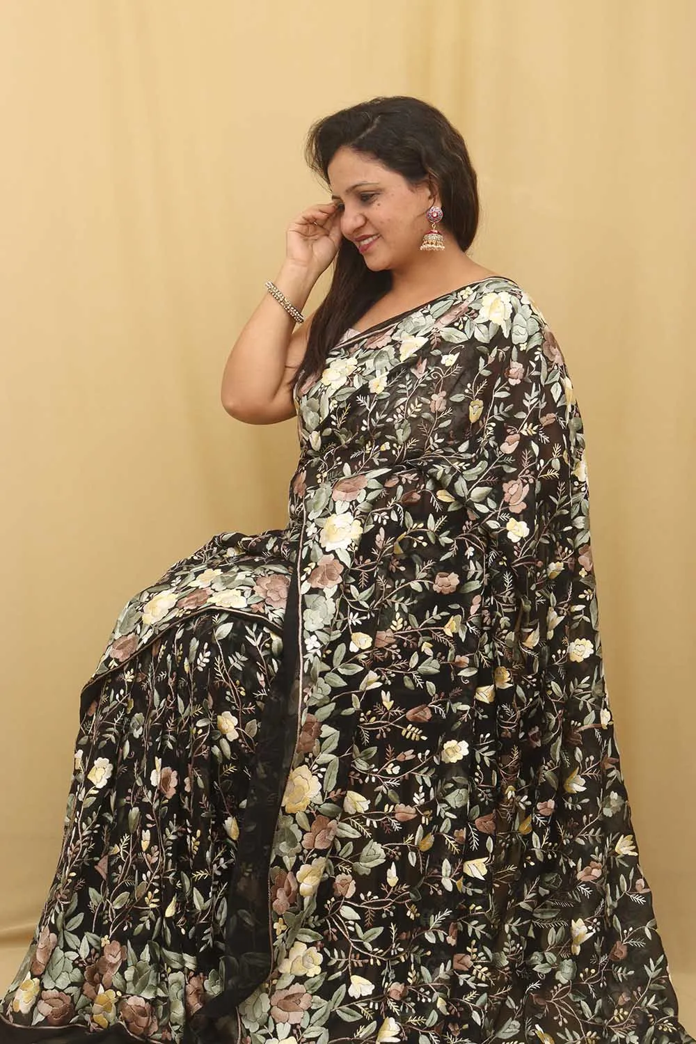 Black Hand Embroidered Floral Work Parsi Gara Pure Georgette Saree