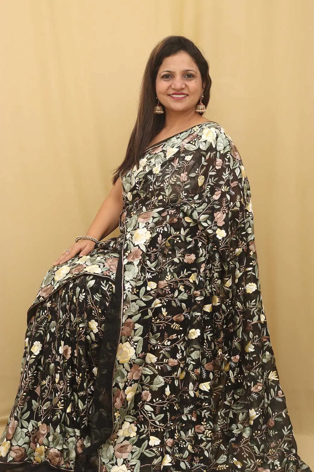 Black Hand Embroidered Floral Work Parsi Gara Pure Georgette Saree