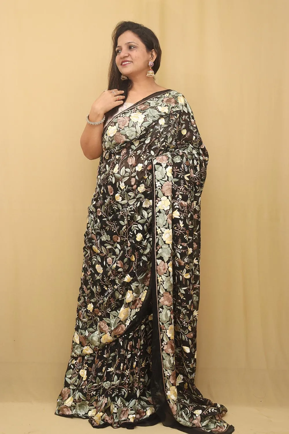 Black Hand Embroidered Floral Work Parsi Gara Pure Georgette Saree