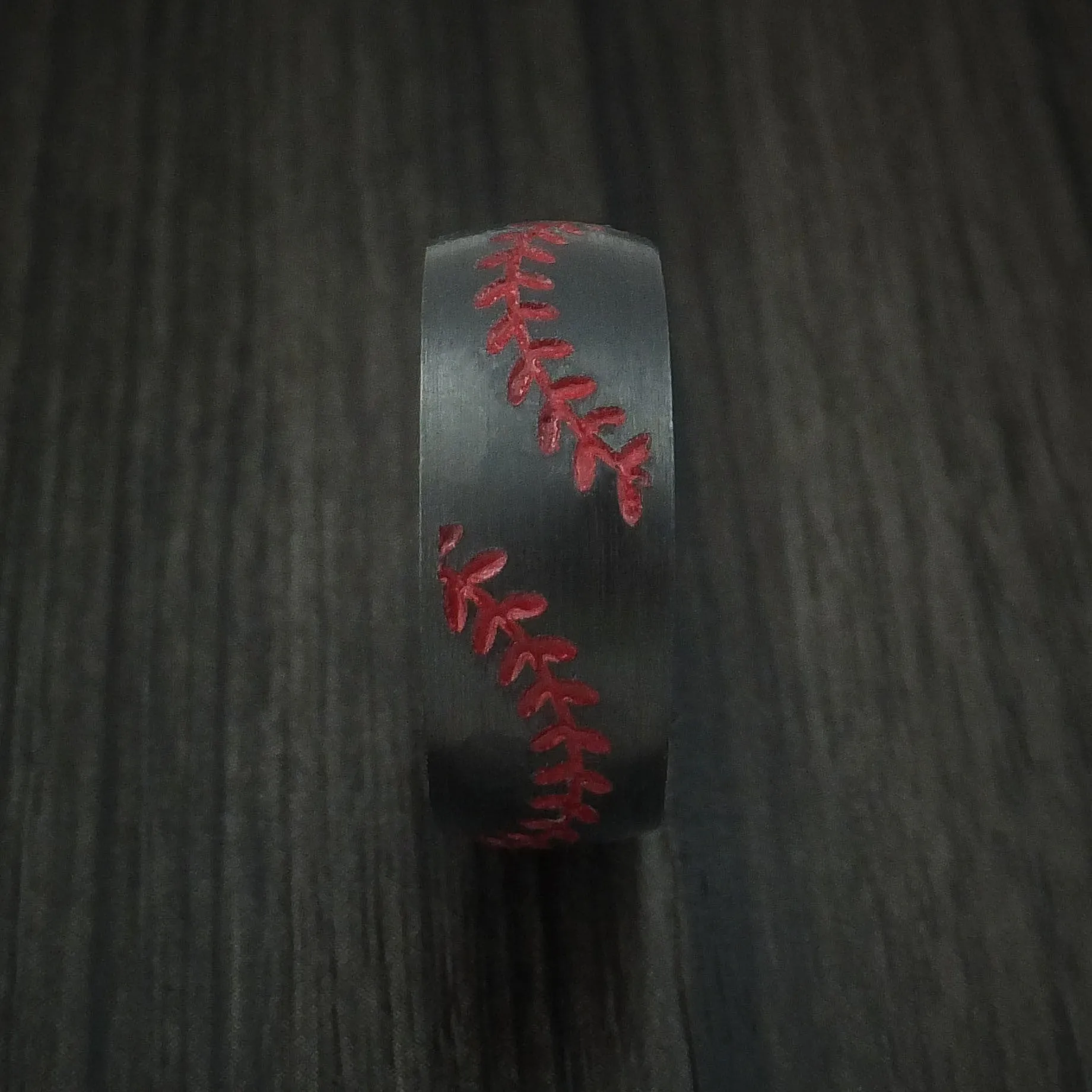 Black Zirconium Double Stitch Baseball Men's Ring with Custom Color and Hardwood Sleeve