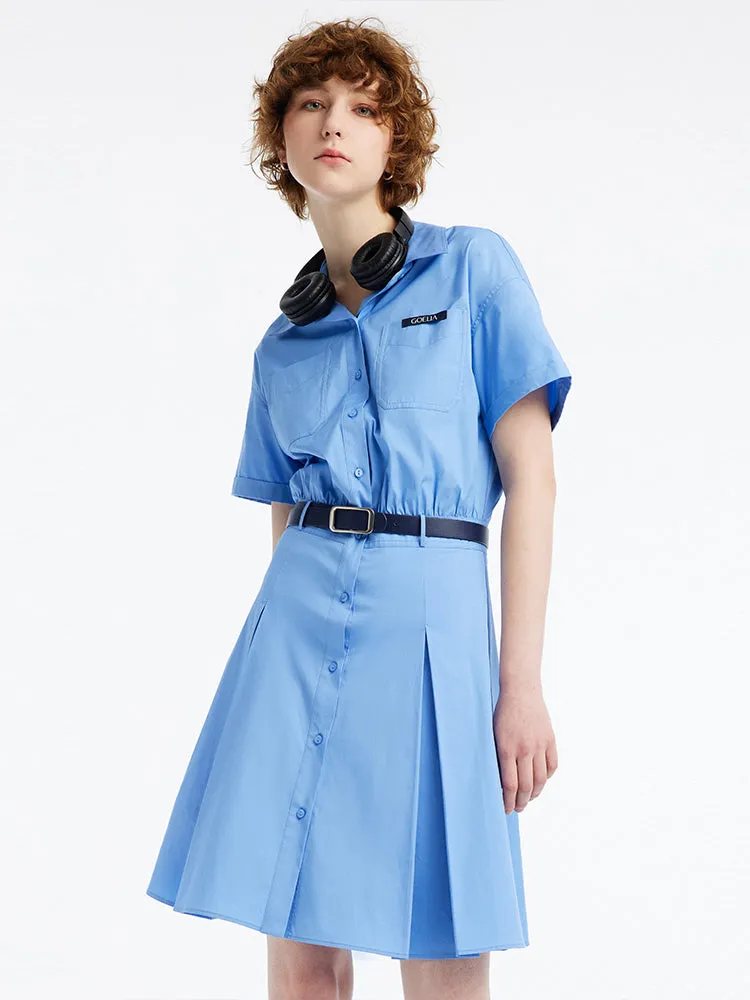 Blue Waist-skimming Cotton Mini Dress