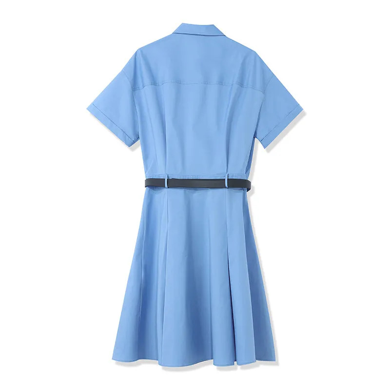 Blue Waist-skimming Cotton Mini Dress