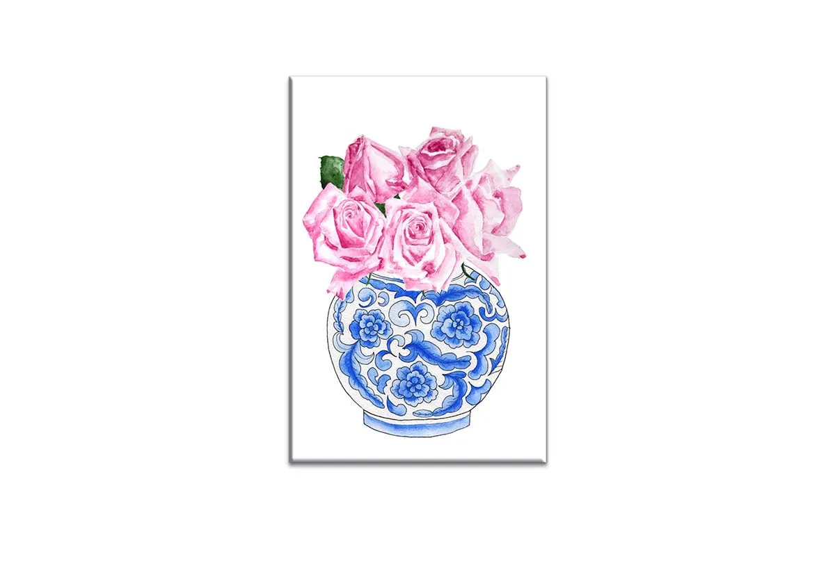 Blue White Vase Pink Flowers 2 | Hamptons Canvas Wall Art Print