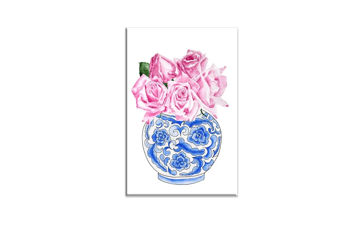 Blue White Vase Pink Flowers 2 | Hamptons Canvas Wall Art Print