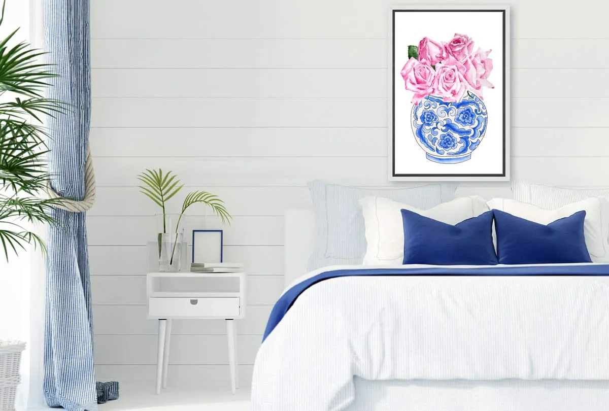 Blue White Vase Pink Flowers 2 | Hamptons Canvas Wall Art Print