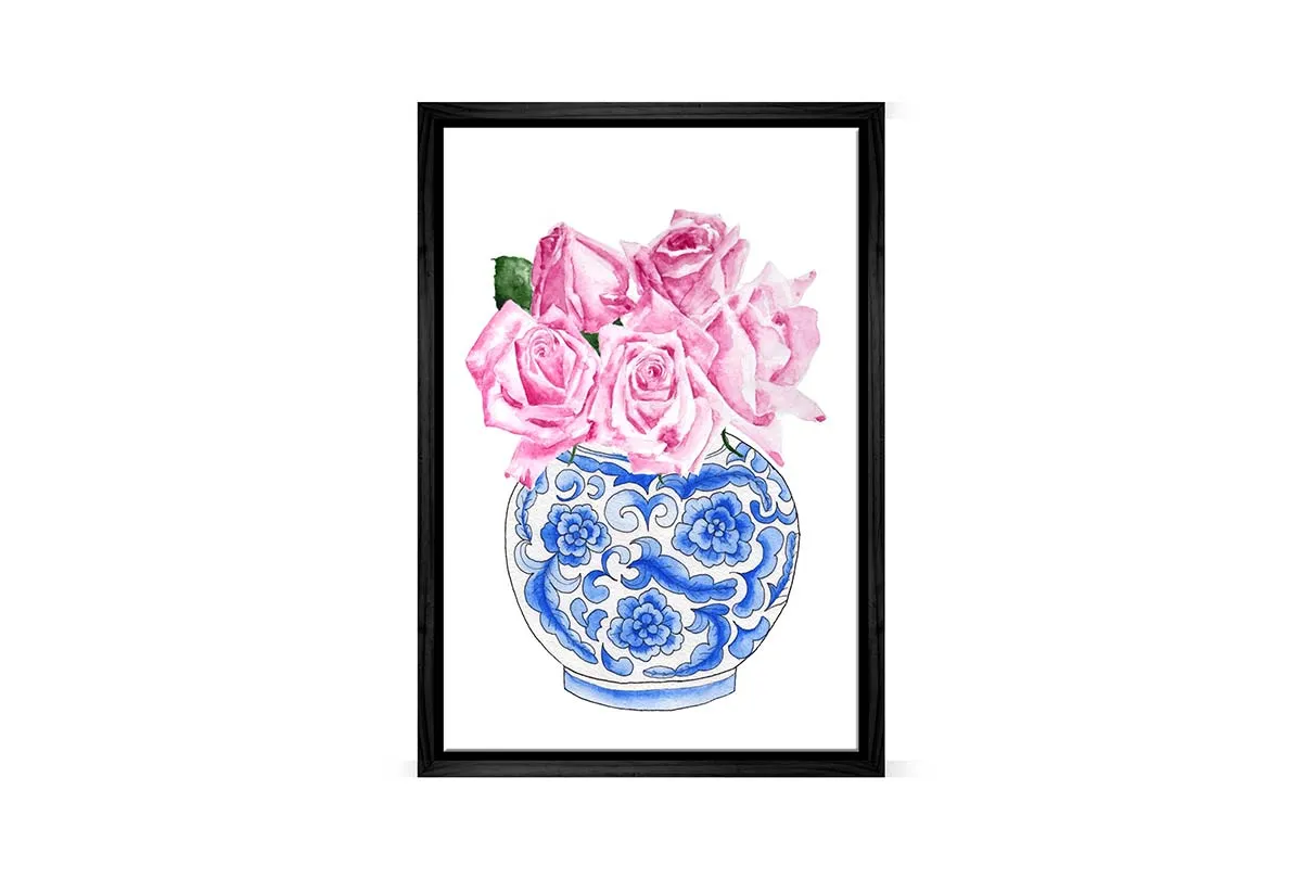 Blue White Vase Pink Flowers 2 | Hamptons Canvas Wall Art Print