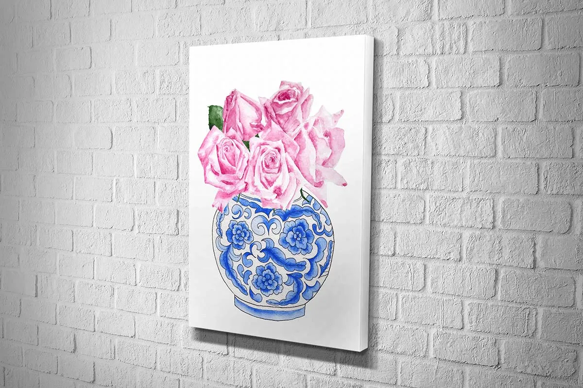 Blue White Vase Pink Flowers 2 | Hamptons Canvas Wall Art Print