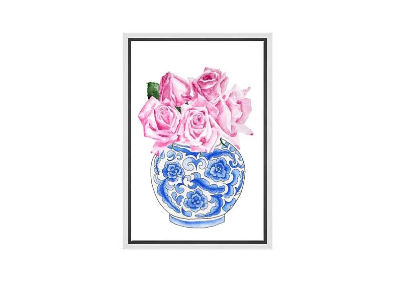 Blue White Vase Pink Flowers 2 | Hamptons Canvas Wall Art Print