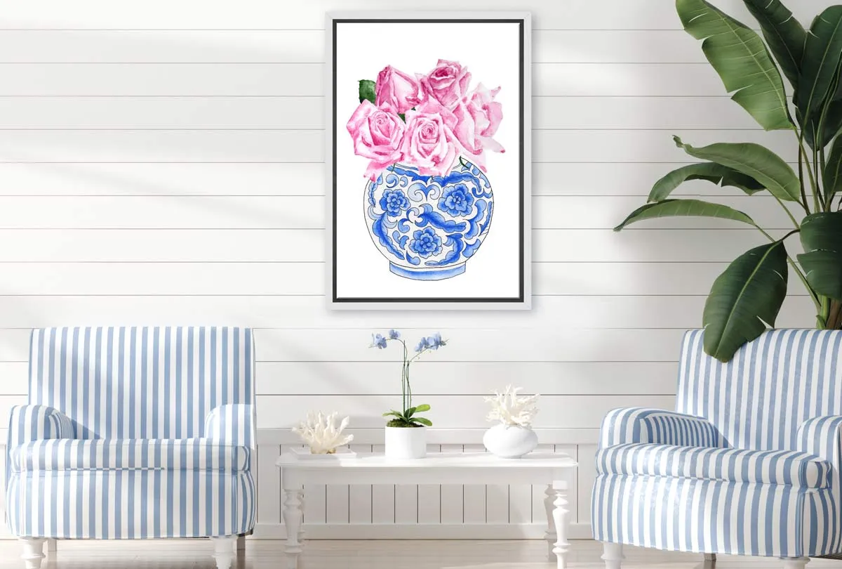 Blue White Vase Pink Flowers 2 | Hamptons Canvas Wall Art Print