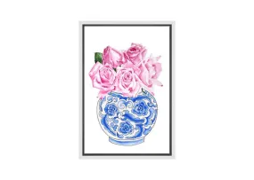 Blue White Vase Pink Flowers 2 | Hamptons Canvas Wall Art Print