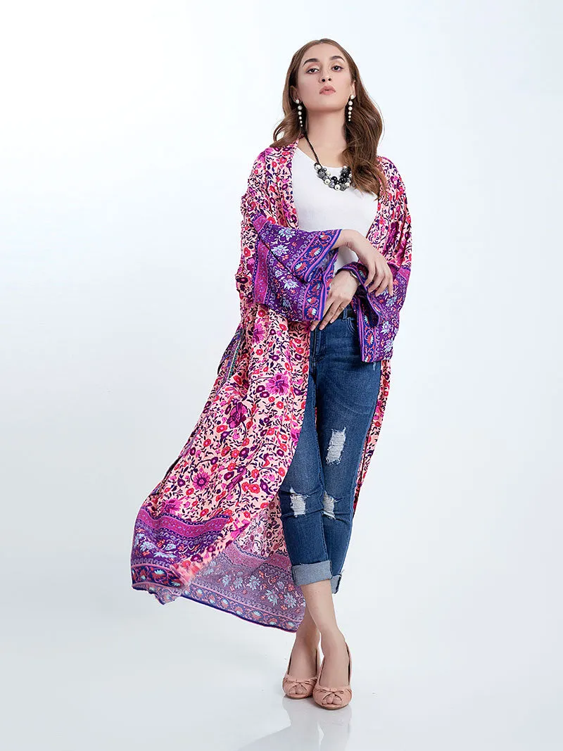 Bridal Wear Long Length Floral Print Purple Color Cotton Gown Kimono Robe