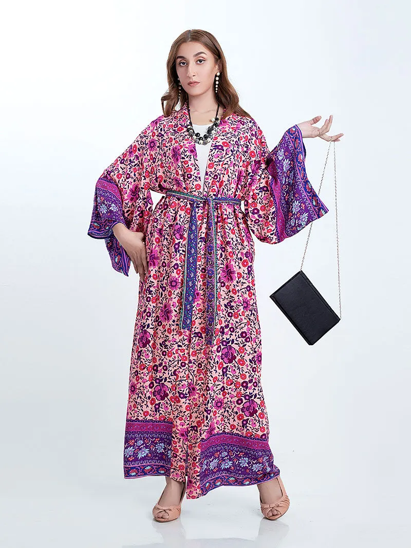 Bridal Wear Long Length Floral Print Purple Color Cotton Gown Kimono Robe