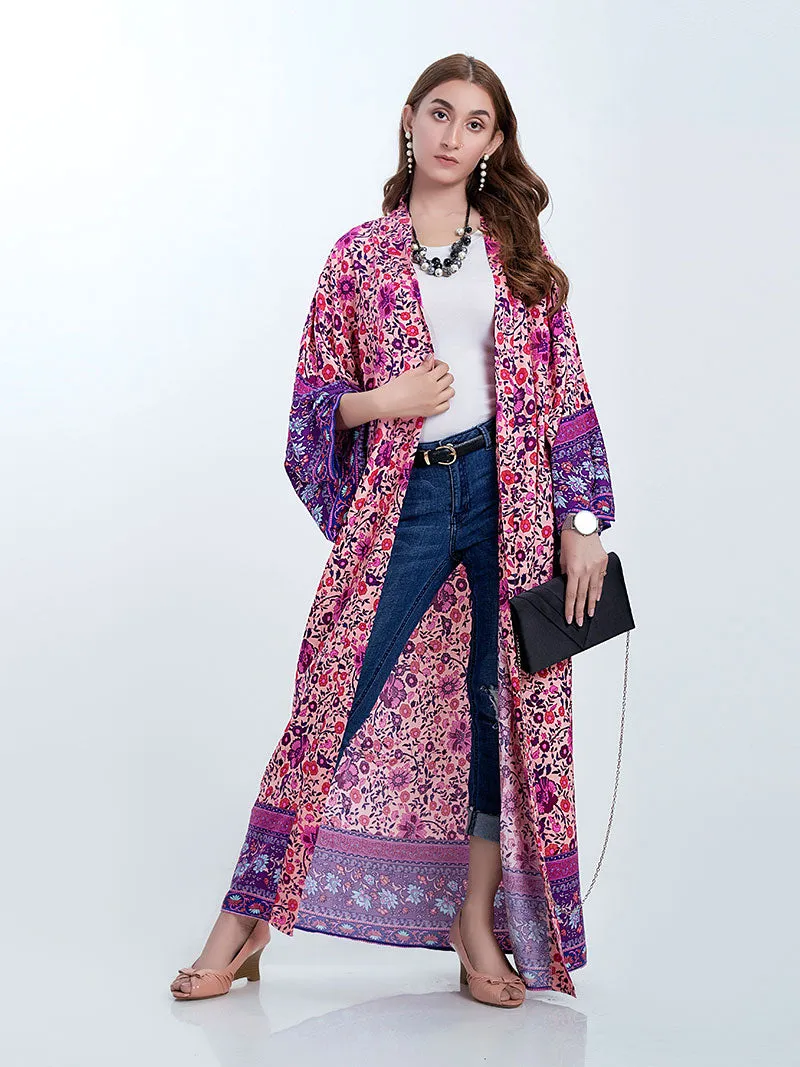 Bridal Wear Long Length Floral Print Purple Color Cotton Gown Kimono Robe