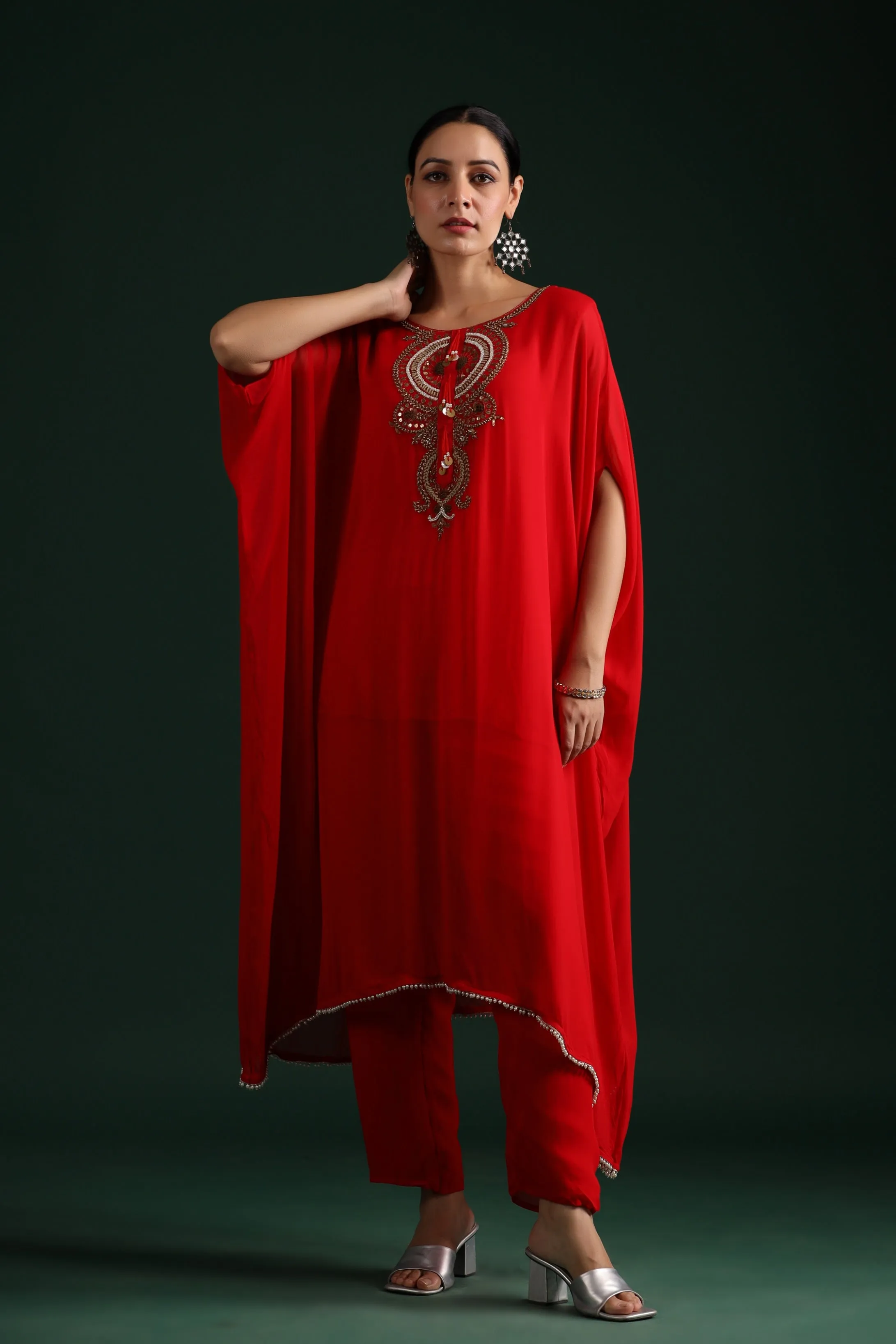 Bright Red Embellished Kaftan Pant Set