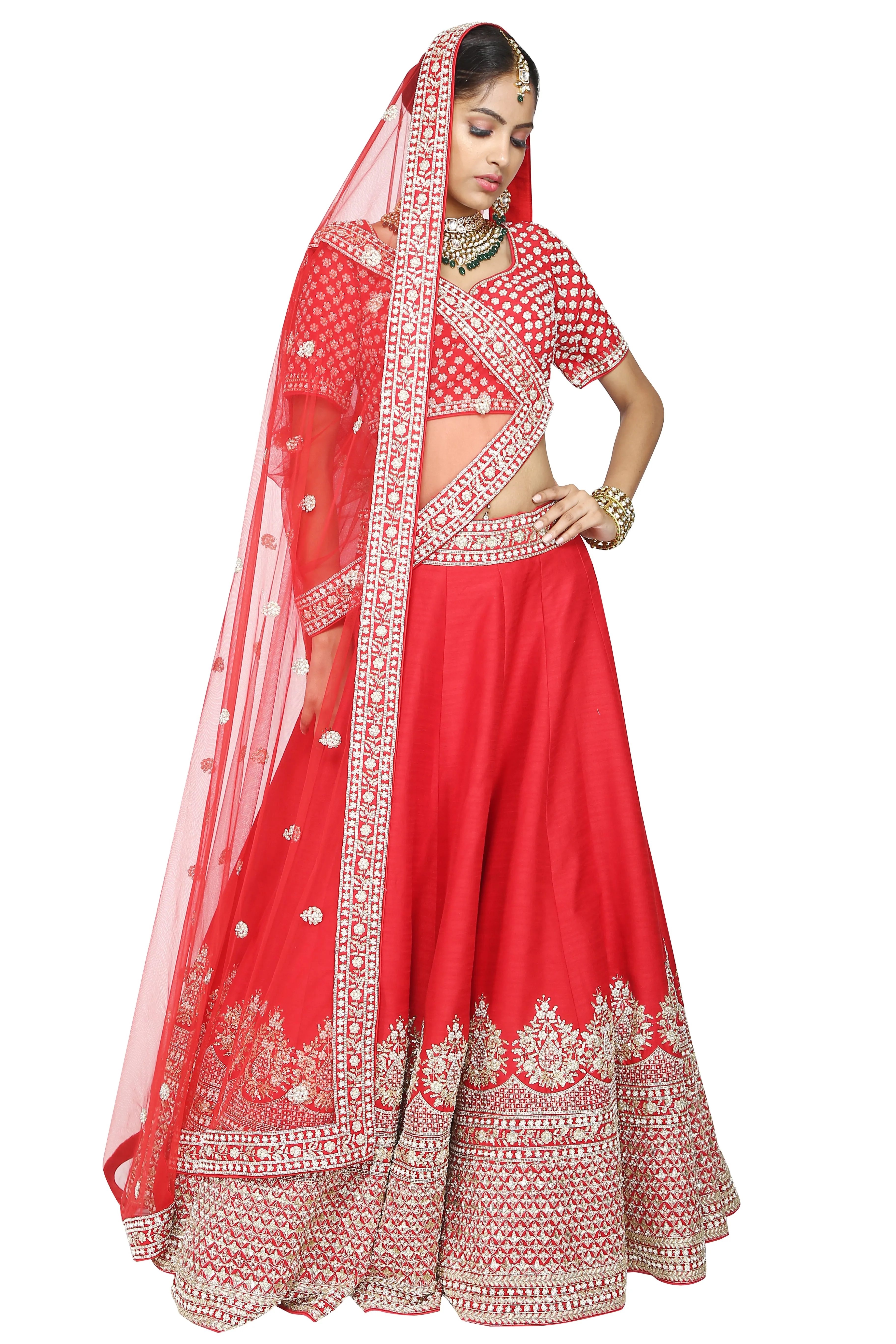 Bright red lehenga set.