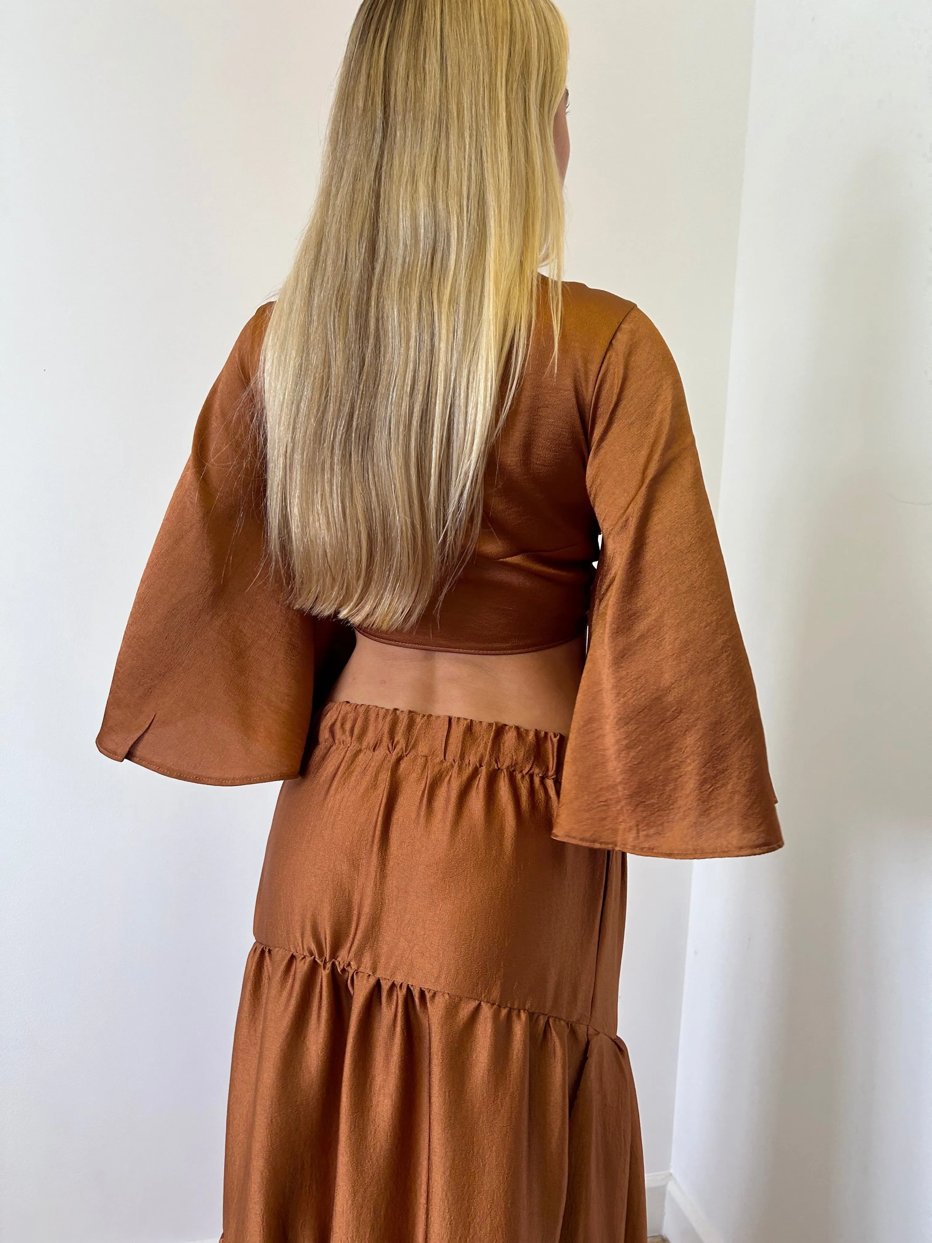 Brown Satin Crop Top and Maxi Tier Skirt