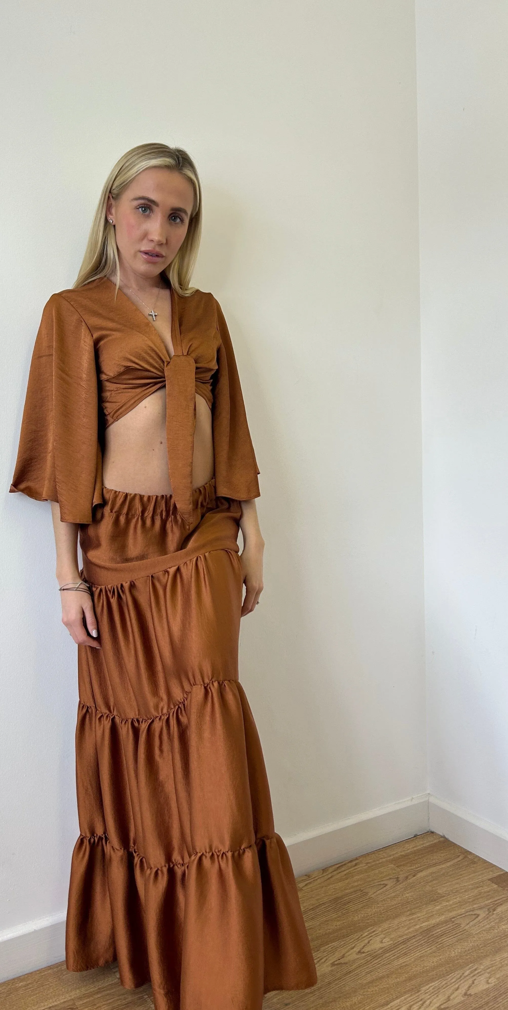 Brown Satin Crop Top and Maxi Tier Skirt