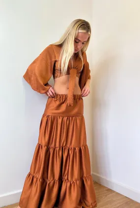 Brown Satin Crop Top and Maxi Tier Skirt