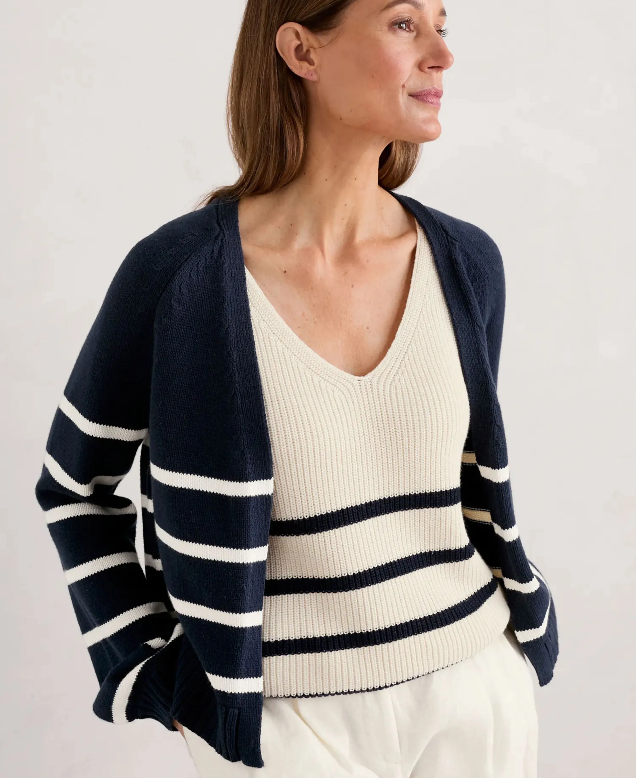 Castle Beach Striped Cardigan - Porthole Maritime Chalk