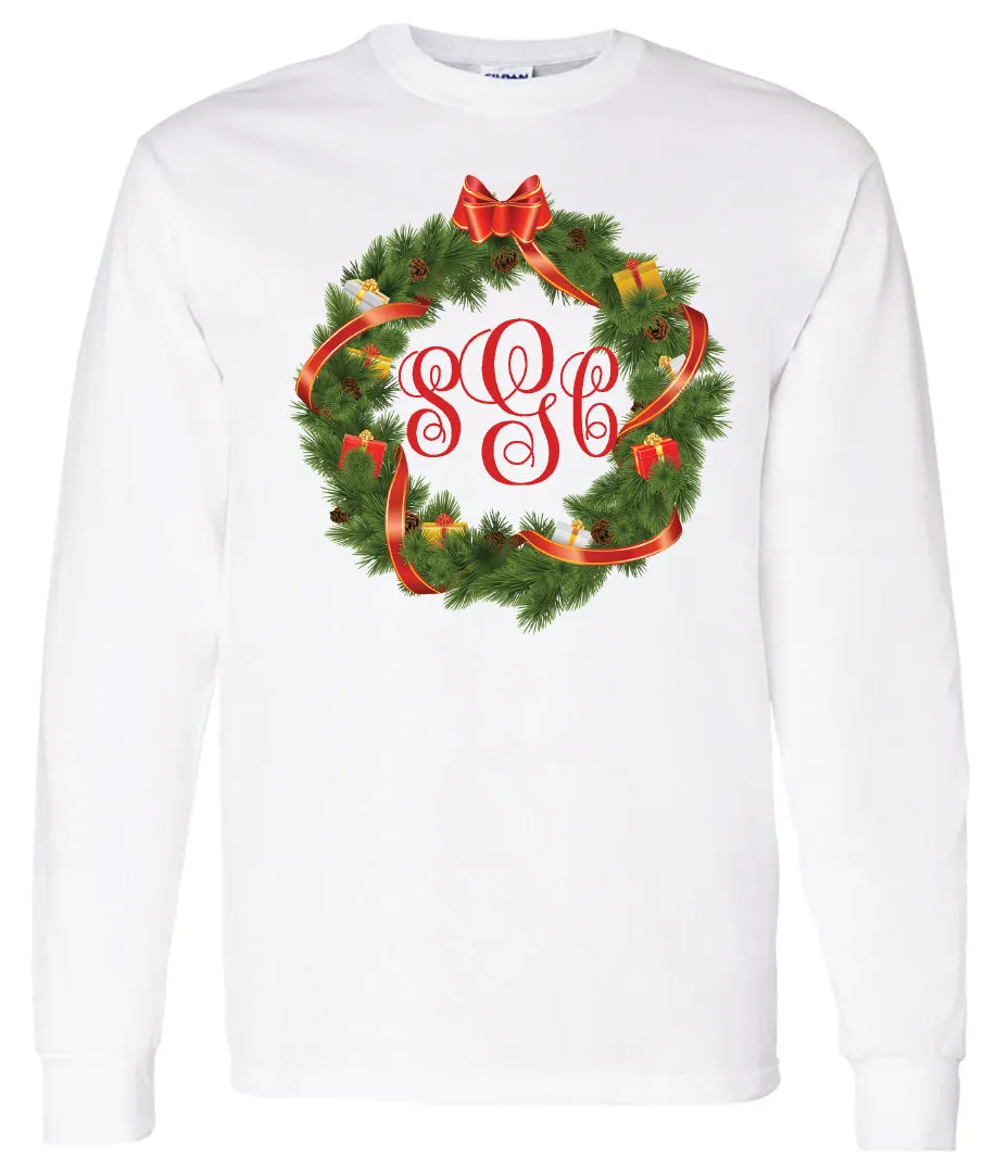 Christmas Wreath Monogram (Print) - White Longsleeve Tee