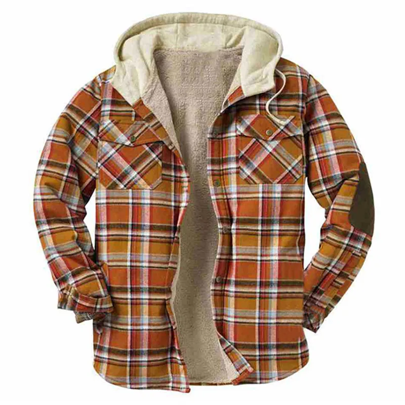 Classic Plaid Design Hoodied Long Sleeved Loose Men Shirt Coat