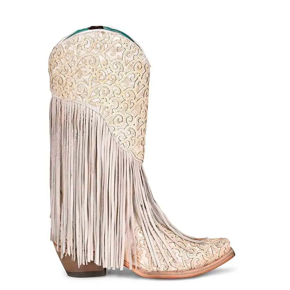 Corral White Lamb Overlay and Embroidery with Fringes Snip Toe Boots