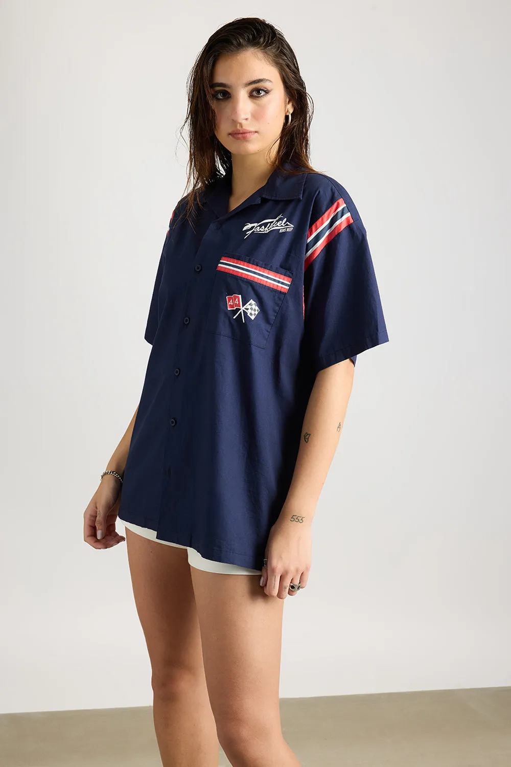 Cotton Poplin Women's Garage Shirt - Navy Blue