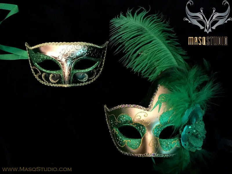 Couple Masquerade mask set Venetian Feathered Red Gold Masquerade Mask Pair