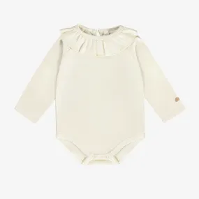 Cream Bodysuit with Ruffle Collar in Pointelle Jersey