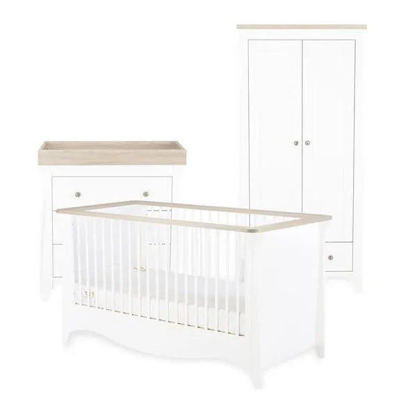 Cuddleco Clara 3 Piece Set 3 Drawer Dresser, Cot Bed and Wardrobe - White & Ash