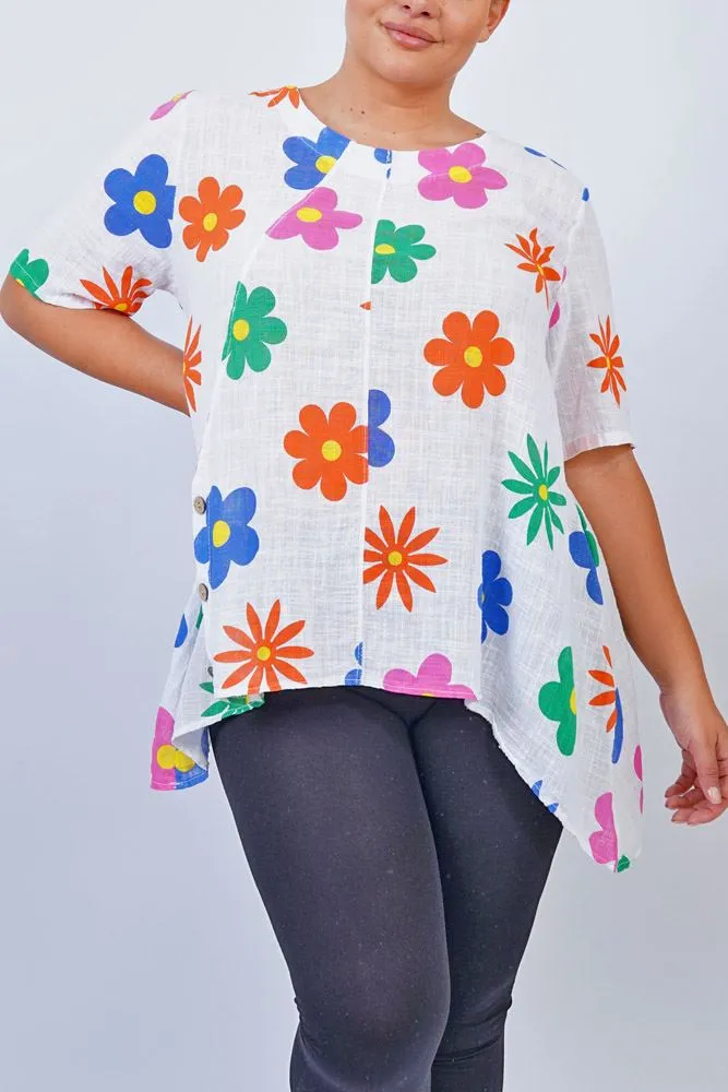 Daisy Flower Print Side Button Detail Cotton Top